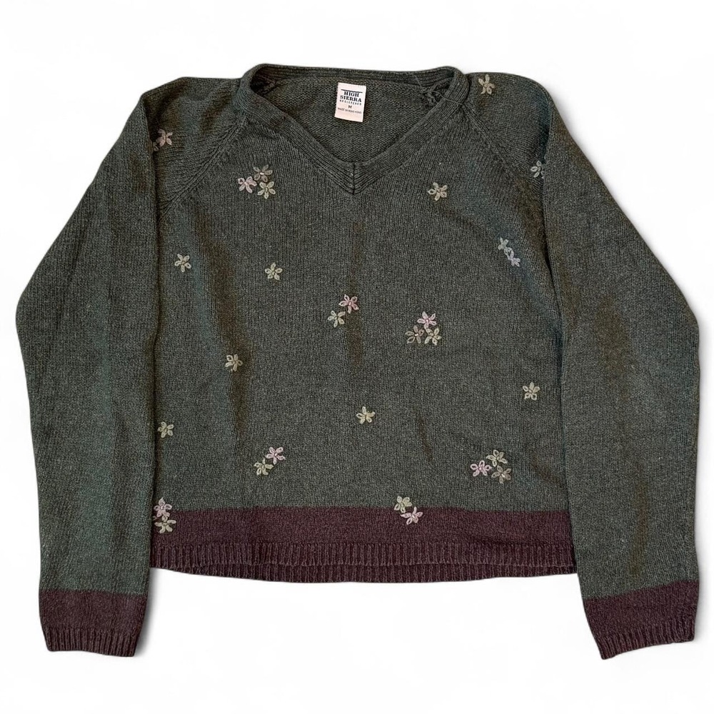 Vintage High Sierra Floral Green Cropped Knit Sweatshirt Women's Size Large Y2K